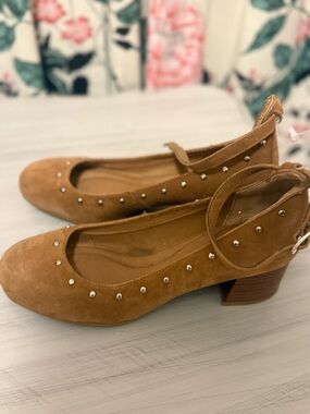 Montana West Tan Suede Studded Ankle Strap Block Heels